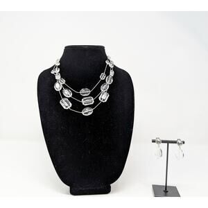 Robert Rose Necklace Earrings Set Clear Silver Tone Acrylic Multi Strand Clip On